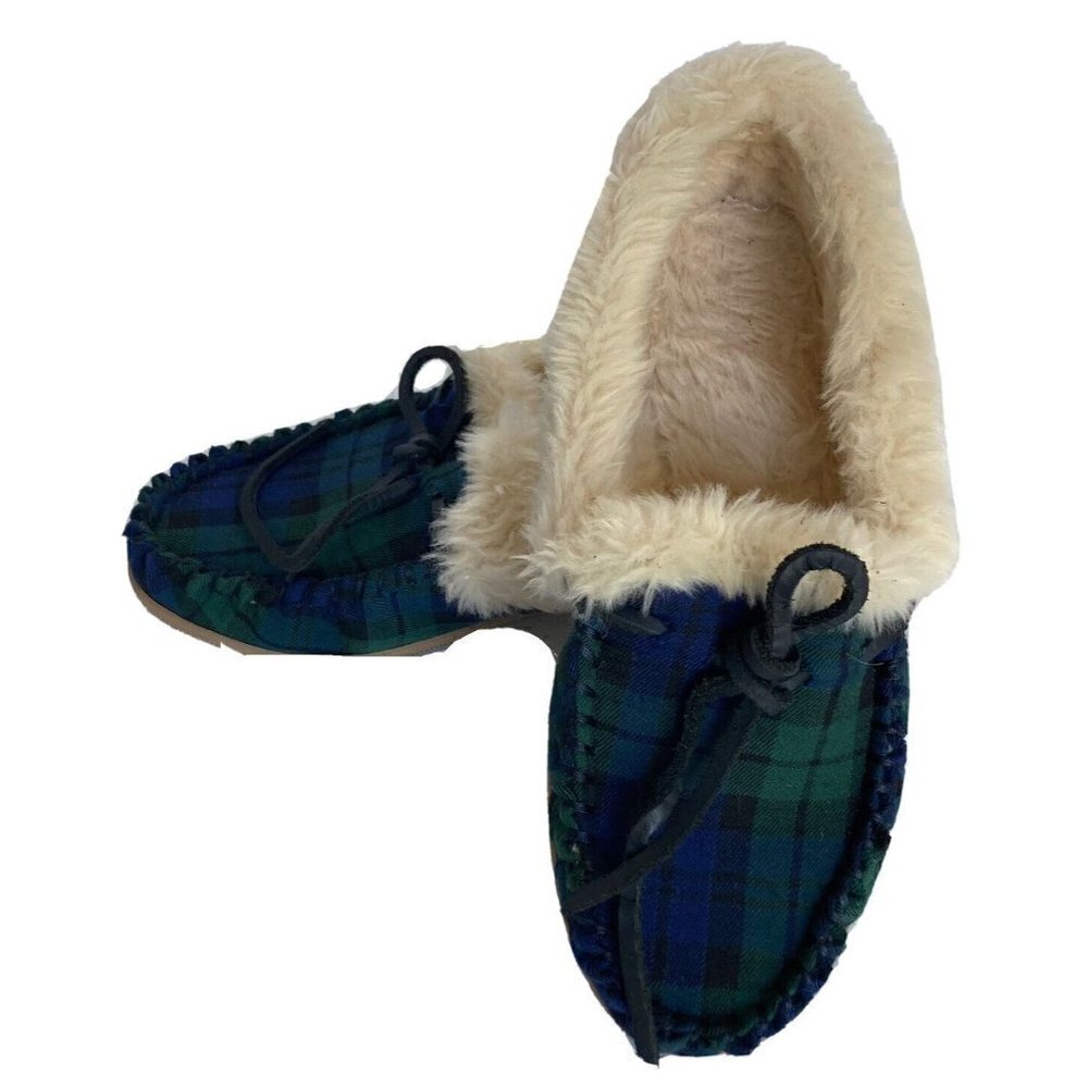 J.Crew Women’s Size 8 Tartan Green Blue Plaid Faux Shearling Fur Lining Slippers